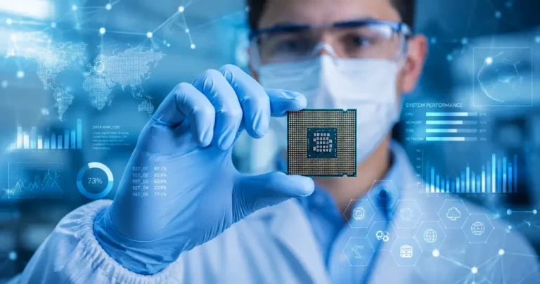 Ingeniero con guantes sostiene un microprocesador CPU integrado con gráficos digitales de análisis de datos y redes.