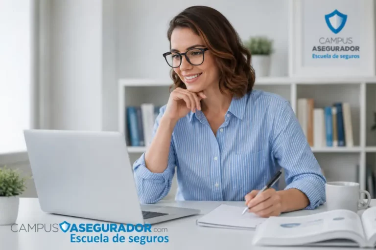 Capacitación Digital en Seguros | Campus Asegurador Mujer con gafas y portátil estudiando en plataforma e-learning de seguros para Campus Asegurador.