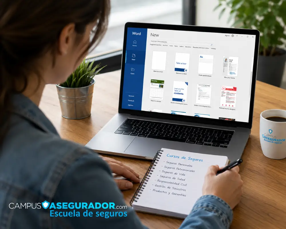 Estudiante usa laptop y libreta para cursos de seguros en el entorno digital de Campus Asegurador.