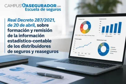 Laptop con reportes estadísticos y texto informativo sobre Real Decreto 287/2021 de formación para sector seguros.