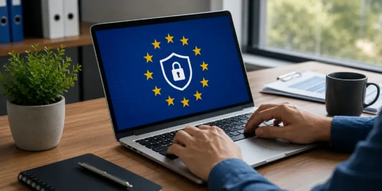 GDPR: Protección de Datos y Ciberseguridad Unión Europea MacBook Air con bandera de la UE y candado amarillo, simbolizando cumplimiento GDPR y ciberseguridad en entorno laboral.