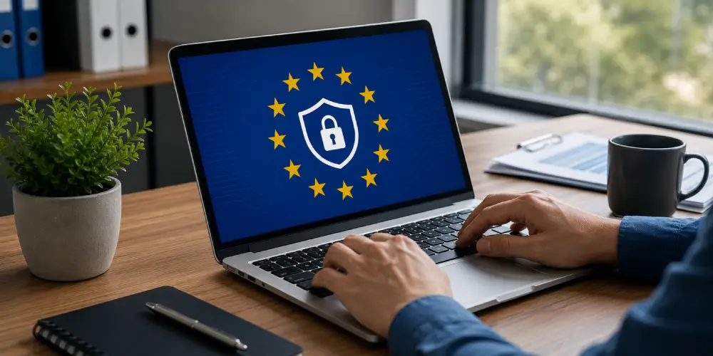 MacBook Air con bandera de la UE y candado amarillo, simbolizando cumplimiento GDPR y ciberseguridad en entorno laboral.