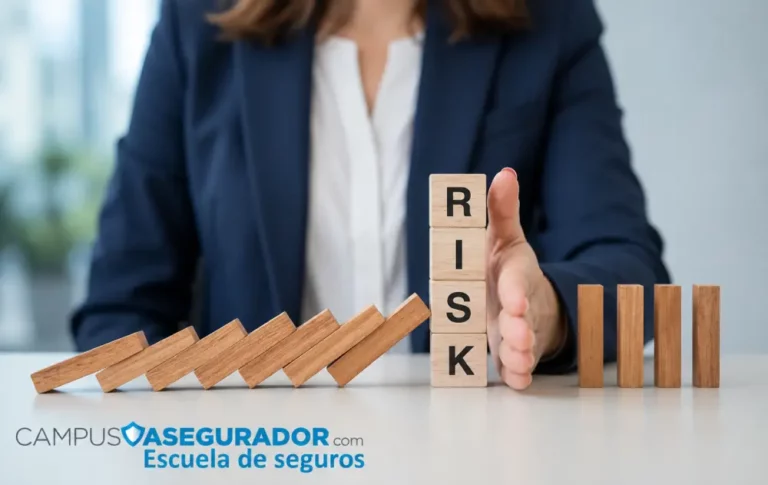Gestión y Mitigación de Riesgos en Seguros Profesional detiene efecto dominó con bloques RISK, ilustrando estrategias de prevención de riesgos de Campus Asegurador.