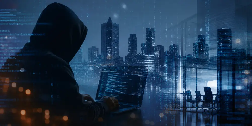 Hacker encapuchado en doble exposición sobre skyline urbano y oficina, simbolizando riesgos de ciberseguridad digital.