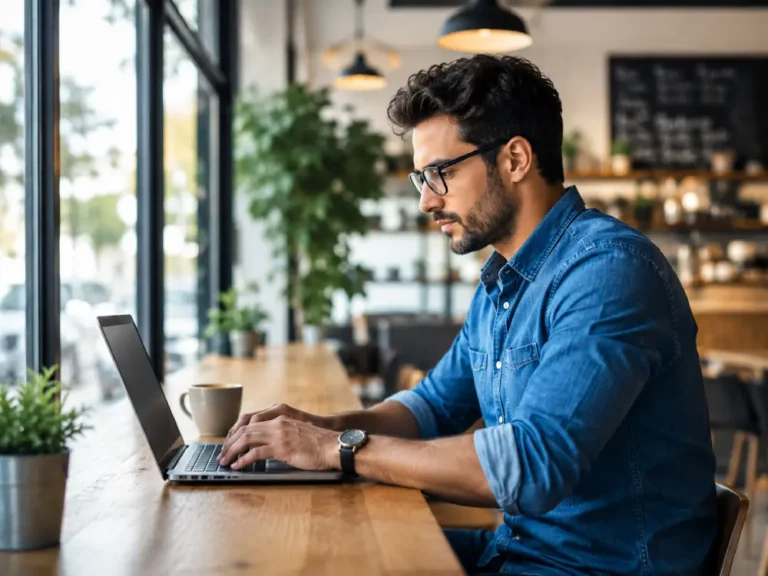 Productividad y trabajo remoto en espacio coworking Hombre con gafas y camisa denim operando una laptop en la barra de madera de una cafetería iluminada.