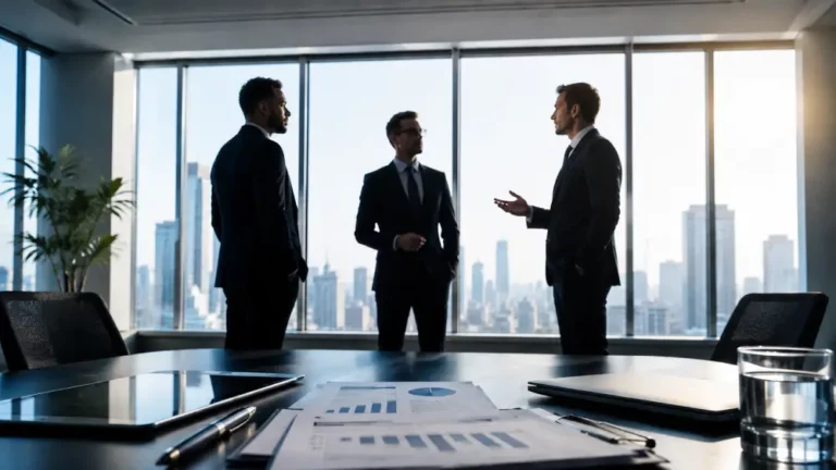 Liderazgo Corporativo y Estrategia Empresarial Tres ejecutivos en traje silueteados conversando en una oficina luminosa frente a ventanales en reunión de negocios.