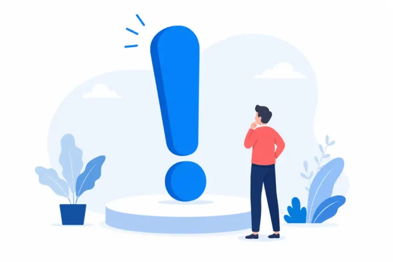 Ilustración Alerta Exclamación Azul y Gestión Errores Personaje observando un gran signo de exclamación azul sobre una plataforma, simbolizando alerta o notificación crítica.