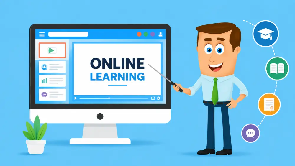 Instructor animado señalando pantalla con texto Online Learning para capacitación remota y pedagogía digital interactiva.