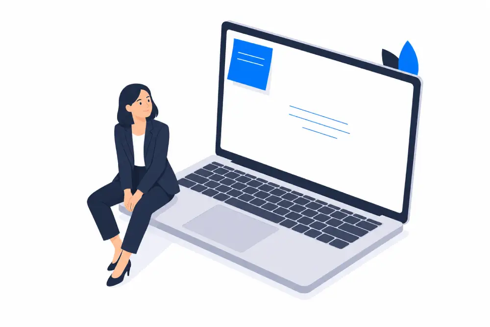 Ilustración Minimalista de Productividad y Trabajo Remoto Mujer con traje sentada en borde de laptop abierta con nota adhesiva azul y líneas de texto en pantalla minimalista.