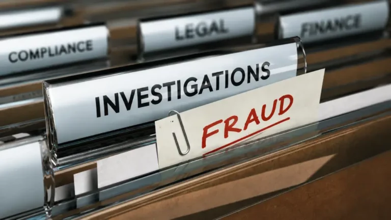 Gestión de Investigaciones de Fraude y Auditoría Forense Pestaña de archivo INVESTIGATIONS con nota adjunta FRAUD en rojo resaltado mediante clip metálico en archivador.