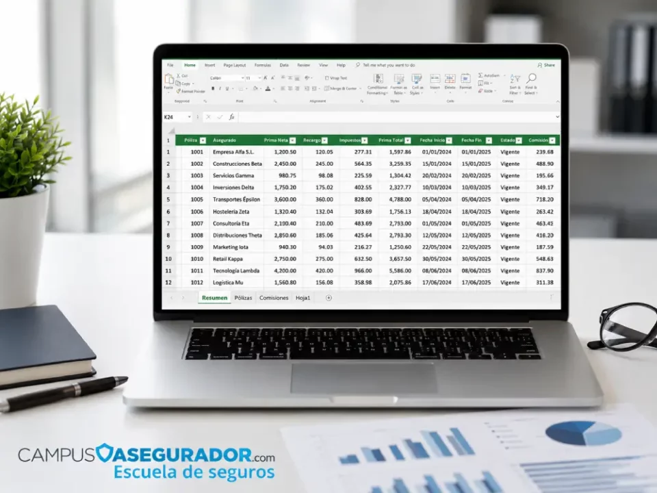 Laptop con Excel y logo de Campus Asegurador Escuela de Seguros en escritorio profesional.