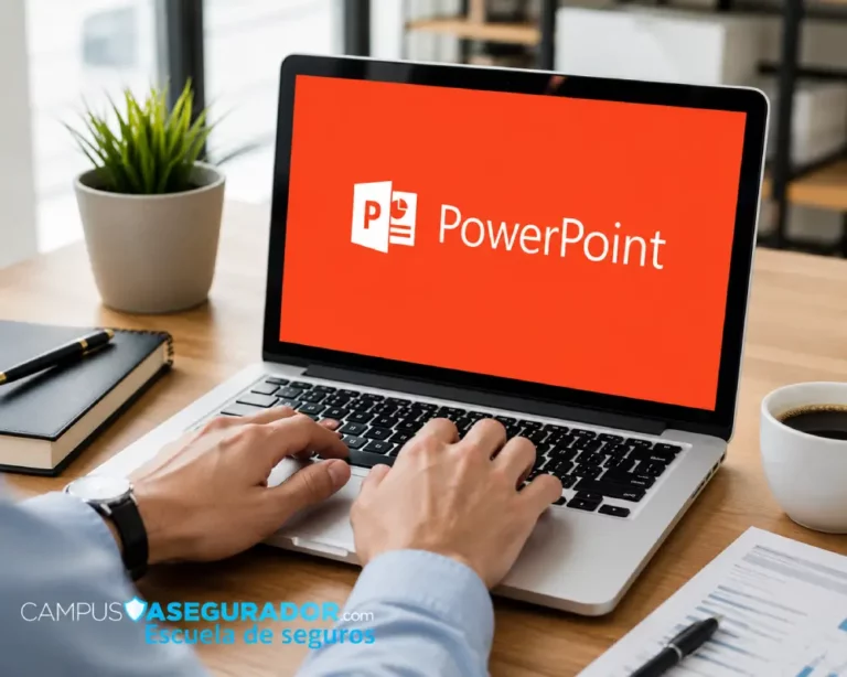 Formación PowerPoint para Profesionales de Seguros Manos operando laptop con logo de PowerPoint en pantalla durante formación técnica en Escuela de Seguros Campus Asegurador.