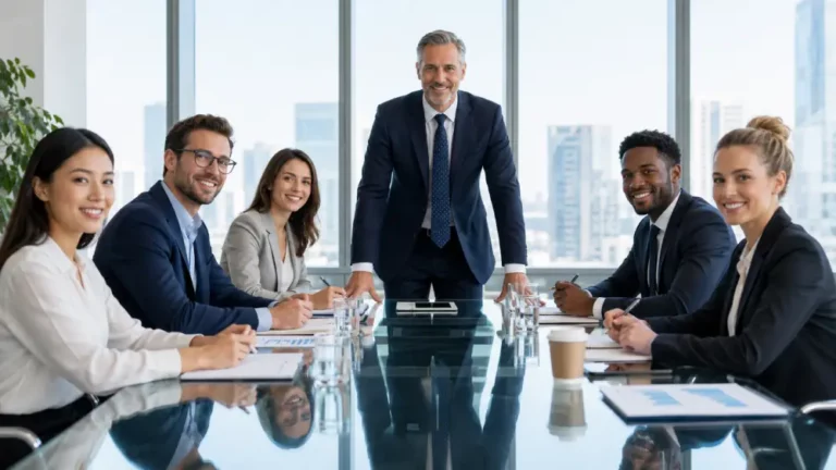 Liderazgo y Trabajo en Equipo en Entorno Corporativo Equipo corporativo diverso en reunión con líder senior de pie en oficina moderna con ventanales iluminados.
