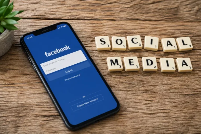 Login Facebook: Interfaz Móvil y Redes Sociales Smartphone mostrando login de Facebook junto a letras de madera que deletrean SOCIAL MEDIA sobre superficie rústica.