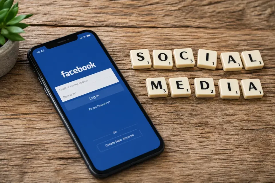 Smartphone mostrando login de Facebook junto a letras de madera que deletrean SOCIAL MEDIA sobre superficie rústica.