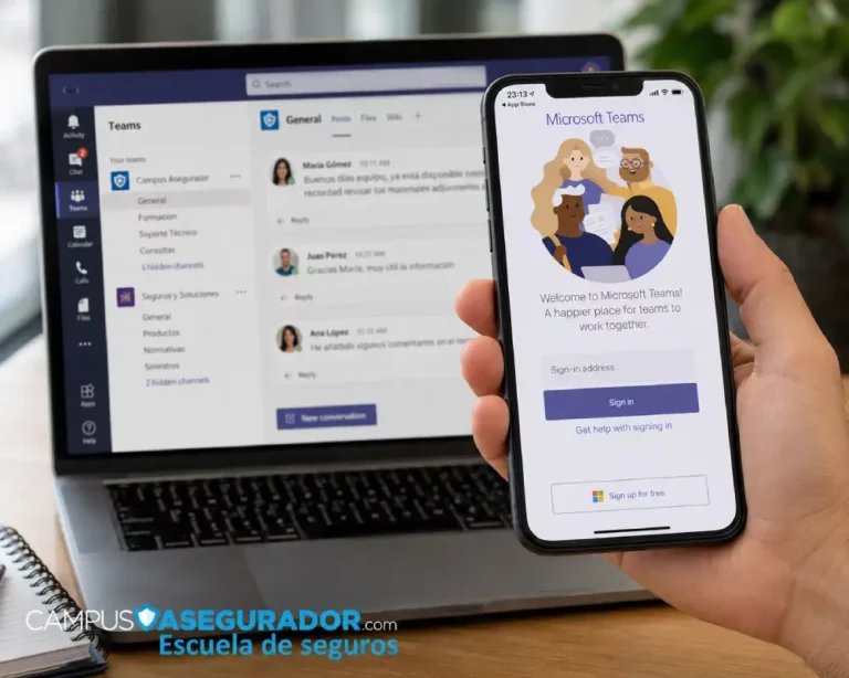 Acceso a Microsoft Teams desde Dispositivos Móviles Inicio de sesión de Microsoft Teams en smartphone frente a portátil con interfaz de la plataforma colaborativa abierta.