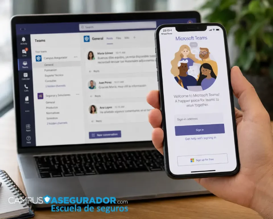 Inicio de sesión de Microsoft Teams en smartphone frente a portátil con interfaz de la plataforma colaborativa abierta.