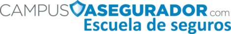 Logotipo Campus Asegurador con escudo azul y blanco, texto Escuela de Seguros en azul y gris, sobre fondo blanco.