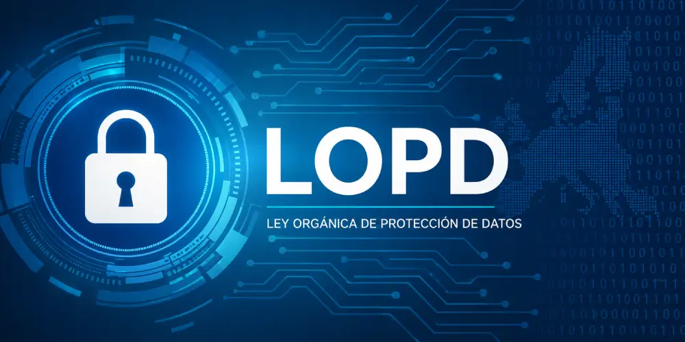 Icono de candado digital y siglas LOPD sobre fondo de circuitos tecnológicos y código fuente en tonos cian y turquesa.