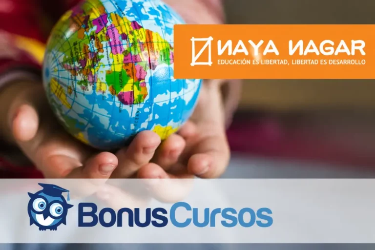 Educación Global y Desarrollo con Maya Nagar y Bonus Cursos Manos sosteniendo globo terráqueo con logotipos de Maya Nagar y Bonus Cursos para promover educación y desarrollo global.
