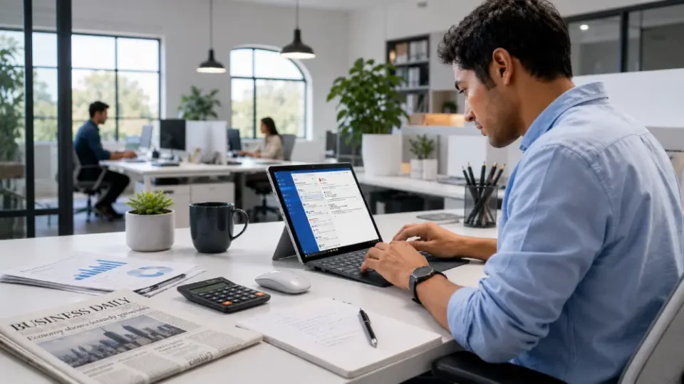 Profesional trabajando en laptop Microsoft Surface dentro de oficina moderna con iluminación natural y diseño minimalista.