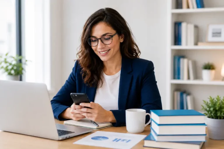Liderazgo Femenino: Productividad en Oficina Digital Mujer con gafas y blazer azul usa smartphone en escritorio con laptop, libros y café en espacio de trabajo luminoso.