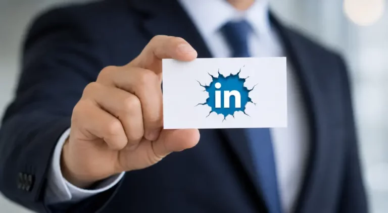 Estrategia de Networking y Marca Personal en LinkedIn Mano en traje sostiene tarjeta blanca con logotipo de LinkedIn emergiendo mediante un efecto de ruptura central azul.