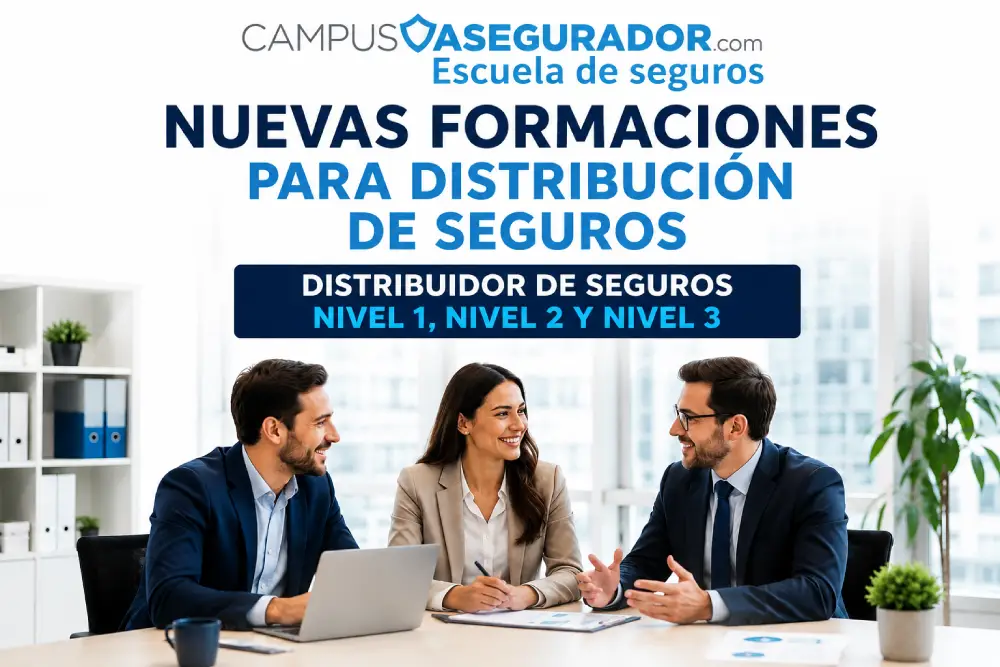 Formación en Distribución de Seguros – Campus Asegurador Profesionales saltando frente a skyline con texto informativo sobre nuevas formaciones para distribución de seguros.