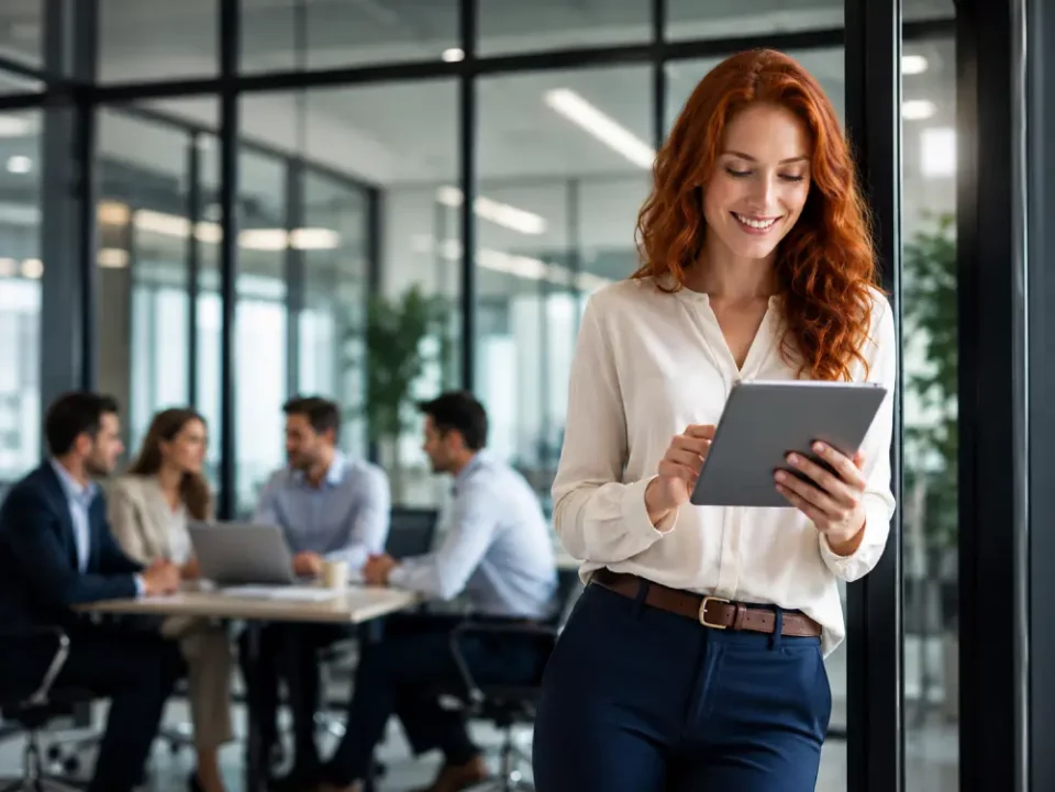Mujer pelirroja sonriente operando tablet digital en oficina corporativa moderna con equipo de trabajo al fondo.