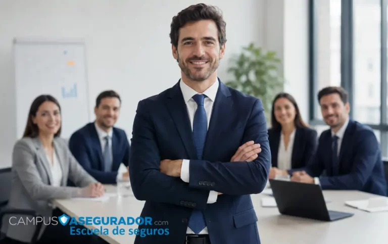 Formación Profesional en Seguros | Campus Asegurador Director de seguros sonriente con traje liderando equipo. Branding Campus Asegurador Escuela de Seguros.