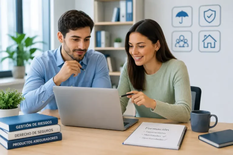 ¿Qué puedo estudiar para trabajar en seguros? Formación y oportunidades profesionales Dos jóvenes profesionales consultan información formativa en un ordenador portátil dentro de una oficina moderna para desarrollar su carrera en el sector asegurador.