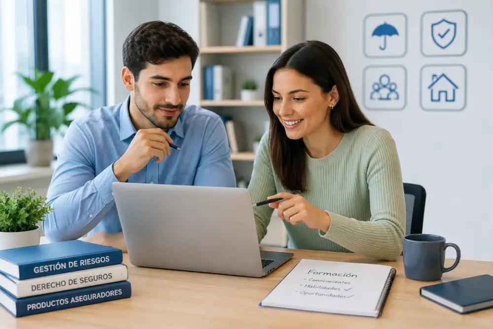 Dos jóvenes profesionales consultan información formativa en un ordenador portátil dentro de una oficina moderna para desarrollar su carrera en el sector asegurador.