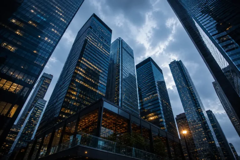 Arquitectura Corporativa: TD Centre y Rascacielos Urbanos Rascacielos del TD Centre y edificios de cristal en contrapicado bajo cielo nublado en el distrito financiero de Toronto.