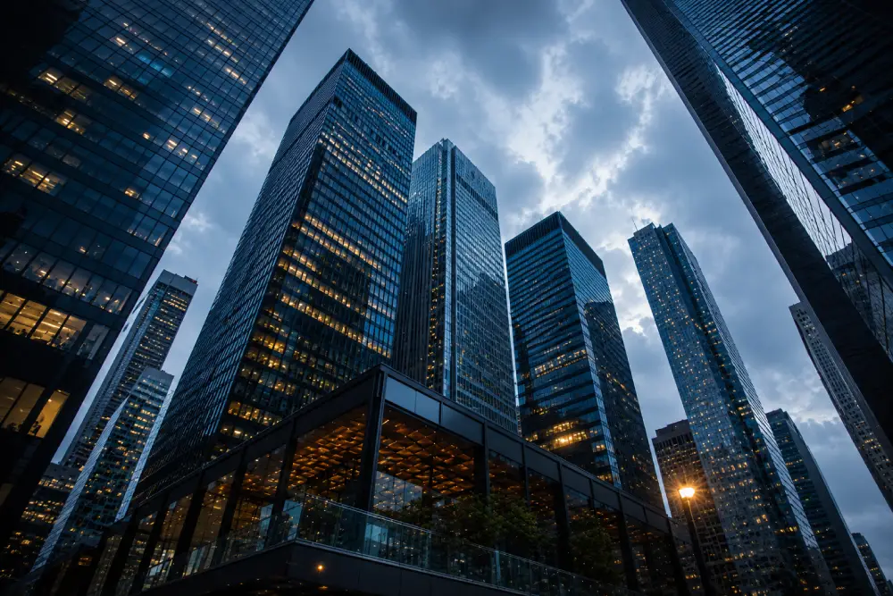 Arquitectura Corporativa: TD Centre y Rascacielos Urbanos Rascacielos del TD Centre y edificios de cristal en contrapicado bajo cielo nublado en el distrito financiero de Toronto.
