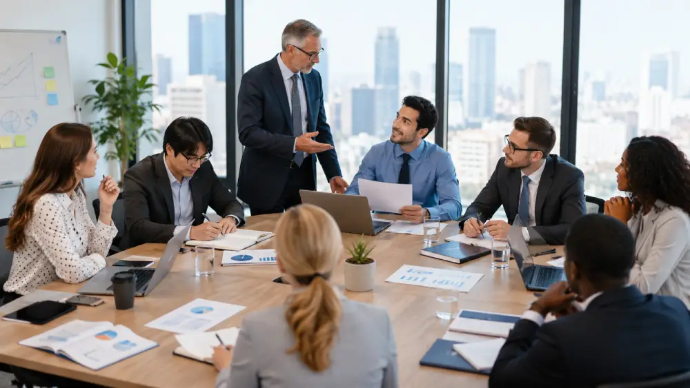 Equipo ejecutivo diverso en reunión de negocios en sala de juntas con vista urbana, liderada por directivo senior.