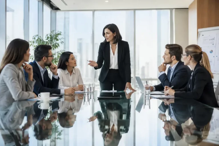 Estrategia Empresarial y Liderazgo de Equipos de Trabajo Ejecutiva liderando reunión estratégica con equipo profesional en sala de juntas moderna con superficie reflectante.