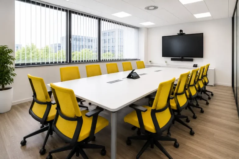 Diseño de Sala de Reuniones Moderna con Videoconferencia Sala de reuniones con mesa rectangular blanca, sillas ergonómicas amarillas y monitor de videoconferencia al fondo.