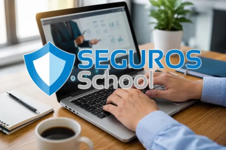 seguros school elearning formacion digital Logo de Seguros School sobre manos escribiendo en laptop para webinar y capacitación profesional en seguros.