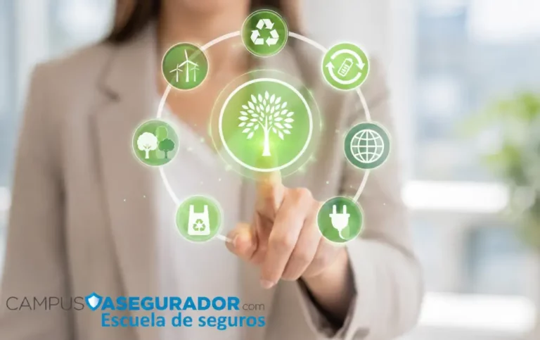 Seguros Sostenibles y Compromiso Medioambiental Dedo tocando interfaz holográfica de iconos ecológicos y logo de Campus Asegurador Escuela de Seguros.