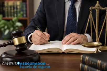 Abogado escribiendo en libro de leyes junto a mazo y balanza de justicia. Logotipo de Campus Asegurador en primer plano.