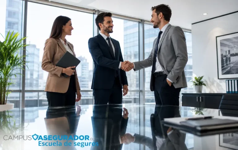 Alianza Estratégica en Campus Asegurador Escuela de Seguros Tres profesionales de seguros estrechan manos en oficina, reflejados en mesa, para Campus Asegurador Escuela de Seguros.