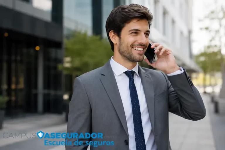 Capacitación Profesional para Corredores de Seguros Agente de seguros sonriente en traje gris hablando por móvil junto al logo Campus Asegurador Escuela de seguros.