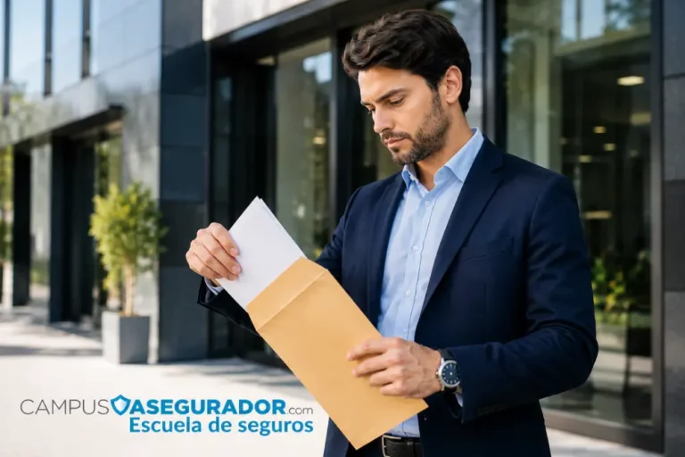 Formación para Agentes de Seguros | Campus Asegurador Hombre de negocios revisando documentos en sobre frente a oficina. Logo Campus Asegurador Escuela de Seguros.