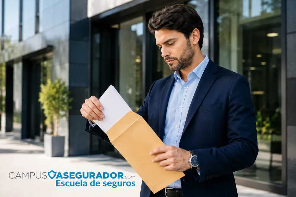 Hombre de negocios revisando documentos en sobre frente a oficina. Logo Campus Asegurador Escuela de Seguros.