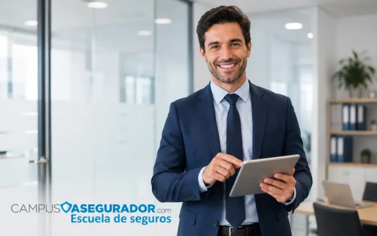 Formación Especializada en Seguros | Campus Asegurador Agente de seguros sonriente usando tablet en oficinas de Campus Asegurador, escuela de formación técnica sectorial.