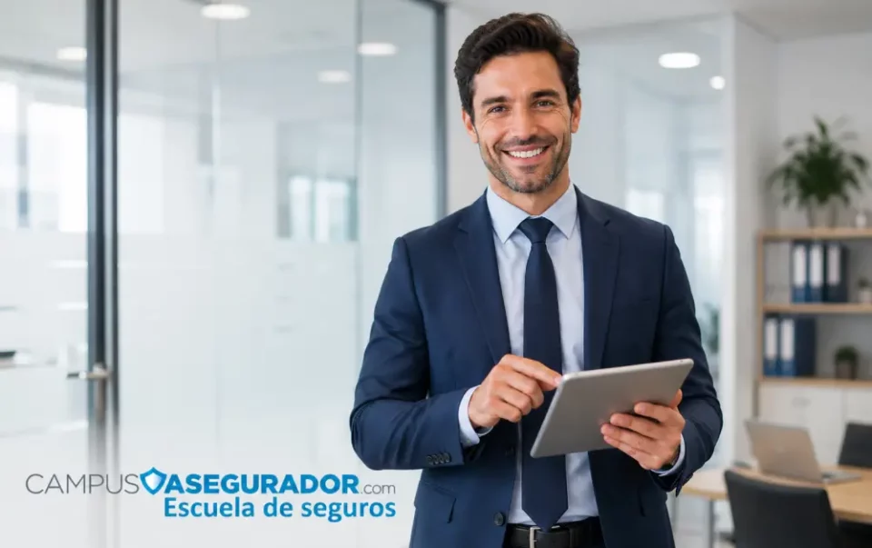 Agente de seguros sonriente usando tablet en oficinas de Campus Asegurador, escuela de formación técnica sectorial.