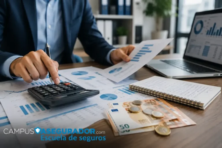Análisis de Datos y Formación Técnica en Seguros Análisis de gráficos financieros con calculadora, euros y libreta en escritorio de Campus Asegurador Escuela de Seguros.