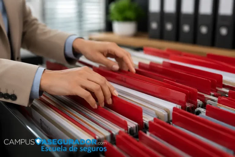 Gestión Documental y Archivo en el Sector Seguros Manos buscando expedientes en carpetas rojas de Campus Asegurador para gestión documental y administrativa de seguros.