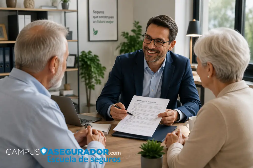 Asesor de seguros sonriente muestra un contrato a una pareja de adultos mayores en una oficina profesional iluminada.