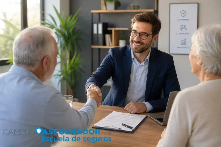 Asesoramiento y Formación Profesional | Campus Asegurador Asesor de seguros estrecha mano de clientes senior frente a contrato en Campus Asegurador Escuela de seguros.